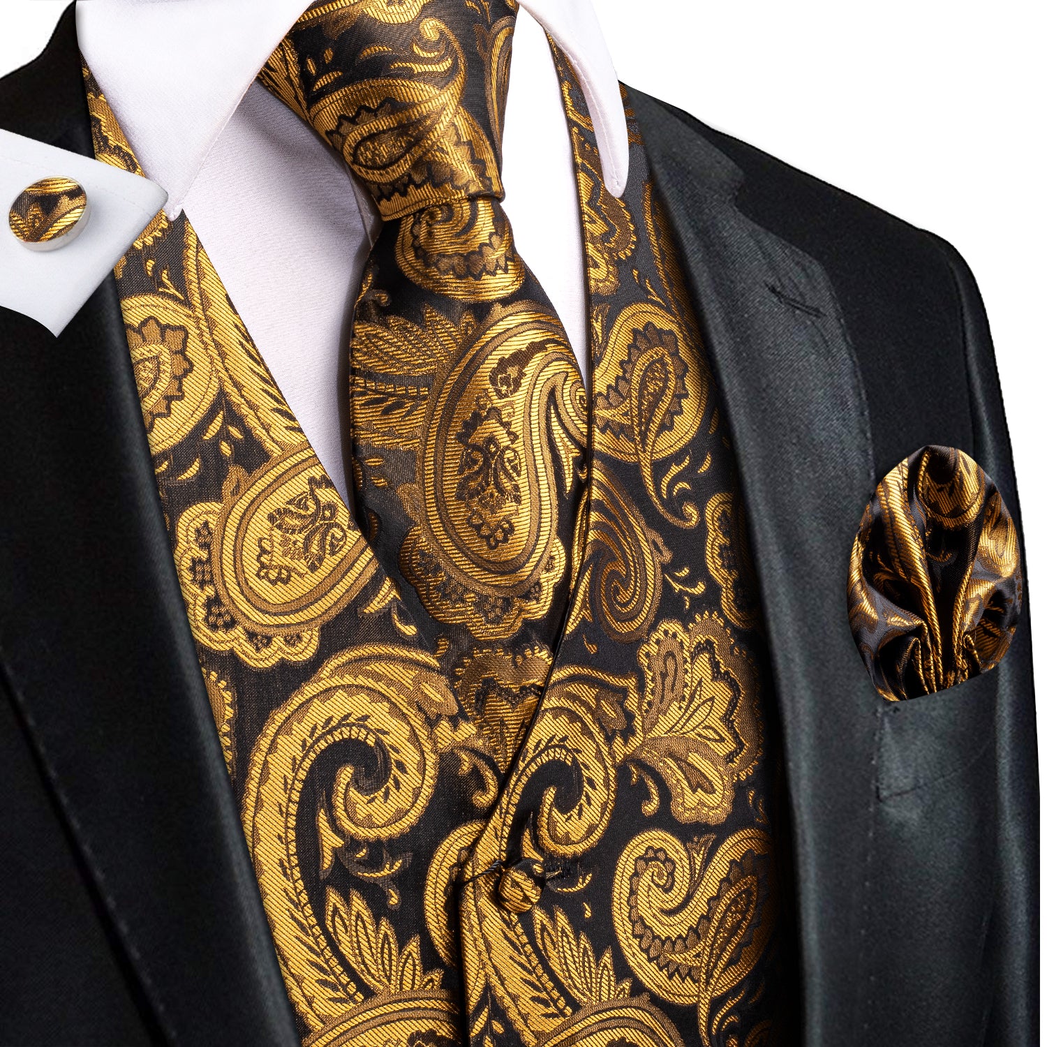 Luxury Golden Black Paisley Silk Men's Vest Hanky Cufflinks Tie Set Waistcoat Suit Set
