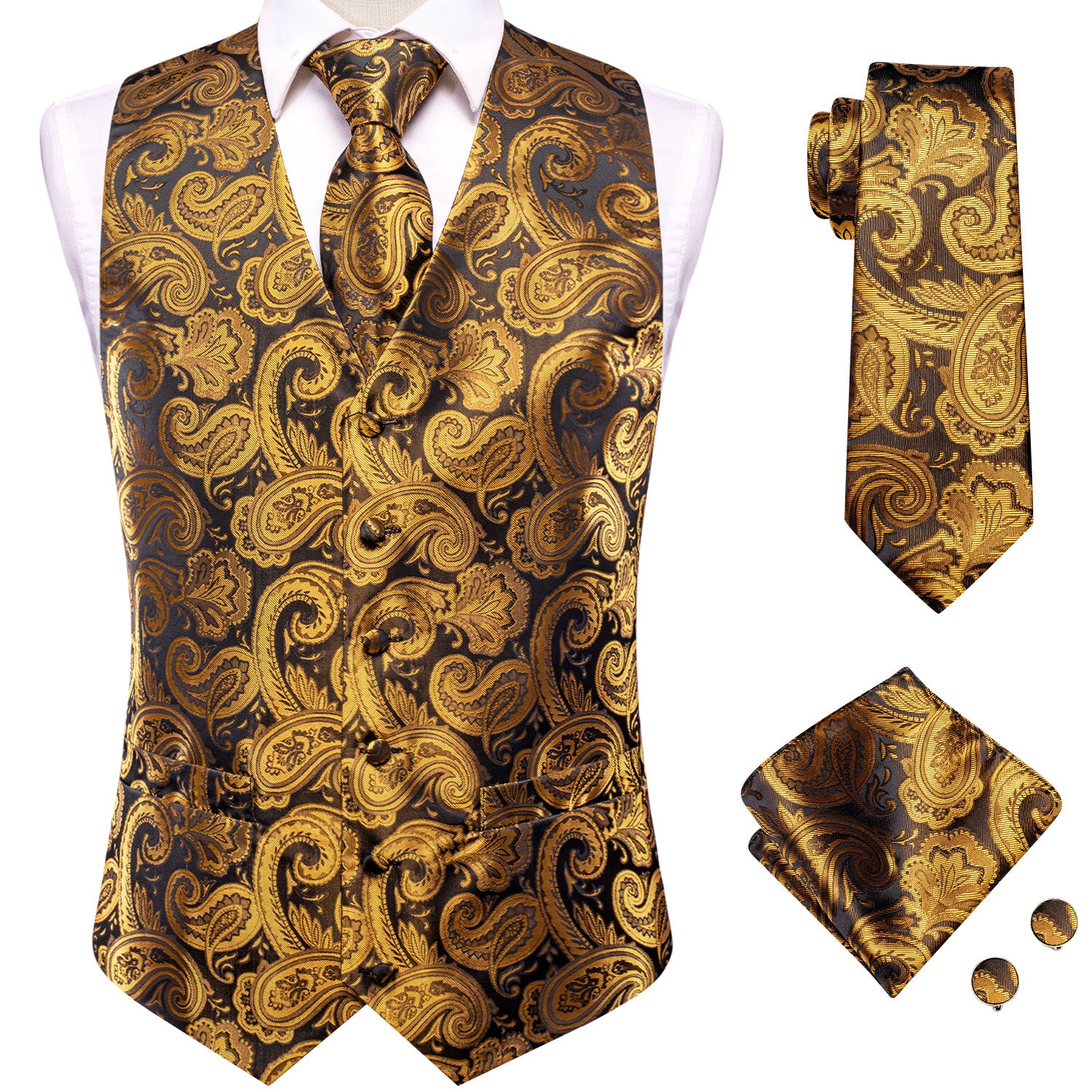 Luxury Golden Black Paisley Silk Men's Vest Hanky Cufflinks Tie Set Waistcoat Suit Set