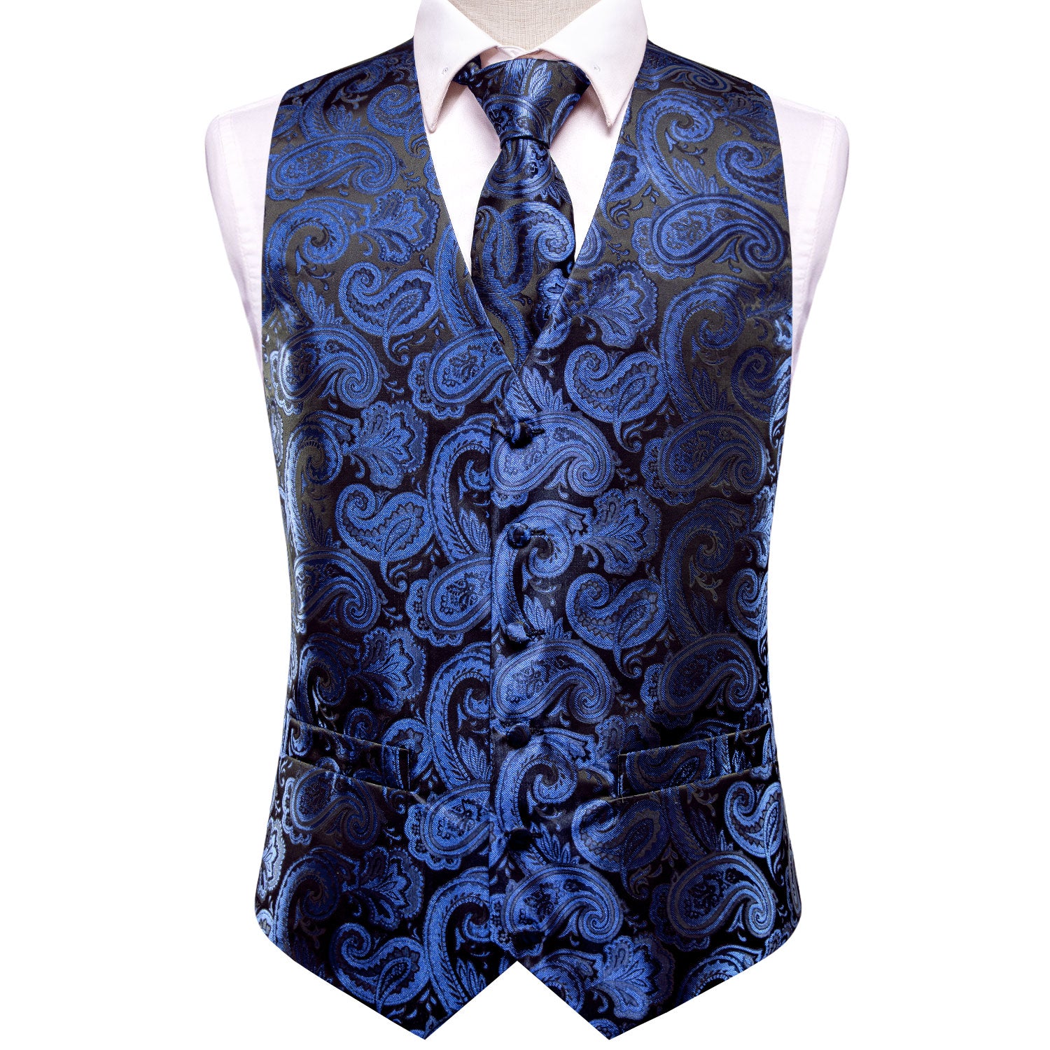 Luxury Deep Blue Black Paisley Silk Men's Vest Hanky Cufflinks Tie Set Waistcoat Suit Set