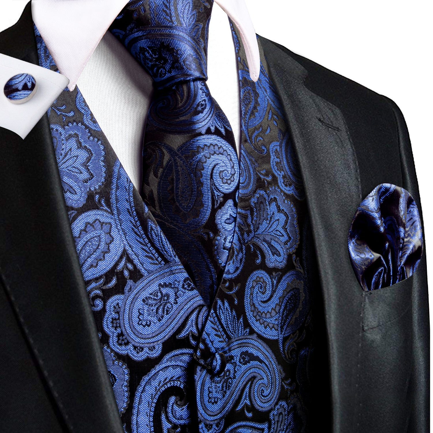 Luxury Deep Blue Black Paisley Silk Men's Vest Hanky Cufflinks Tie Set Waistcoat Suit Set
