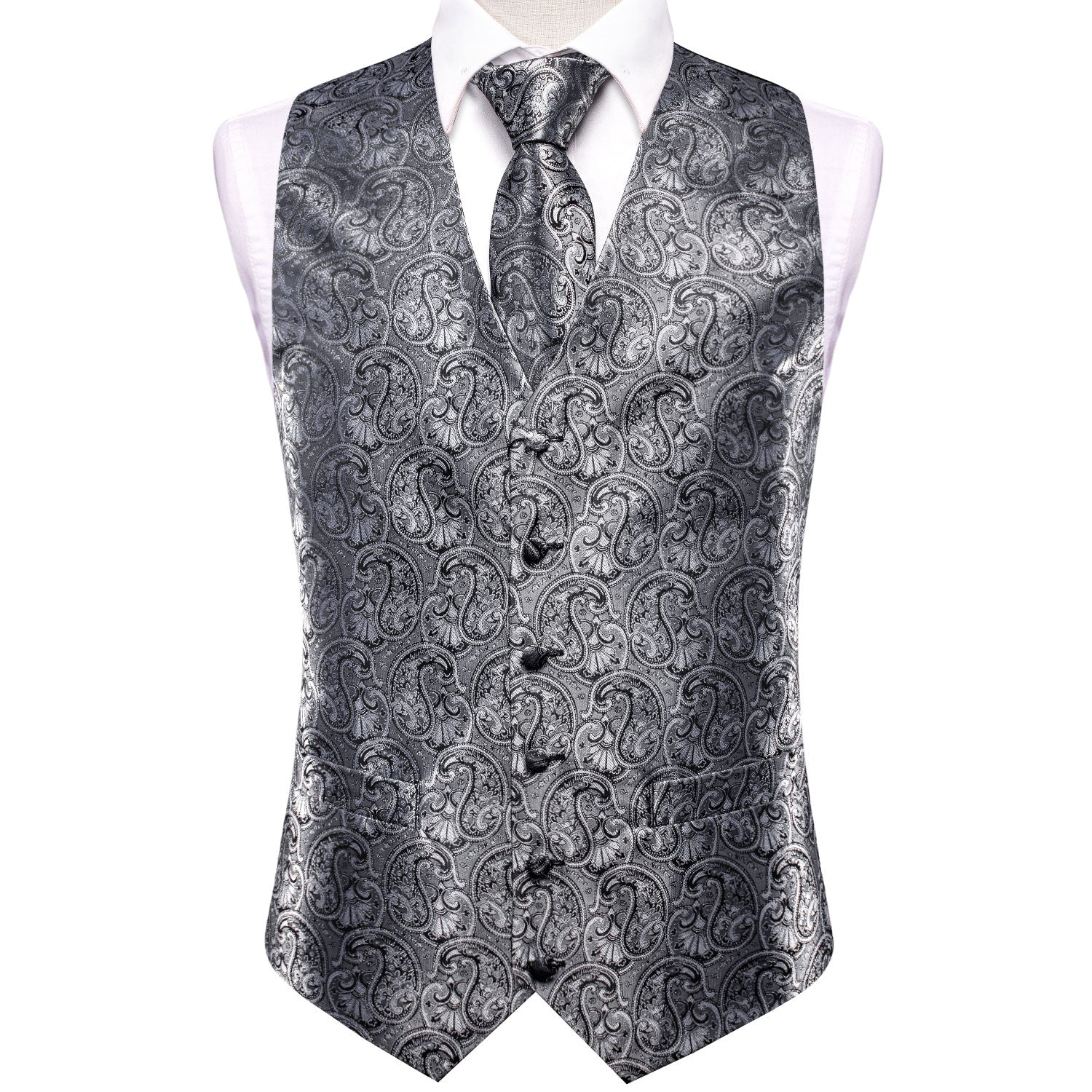 Luxury Grey Black Paisley Silk Men's Vest Hanky Cufflinks Tie Set Waistcoat Suit Set
