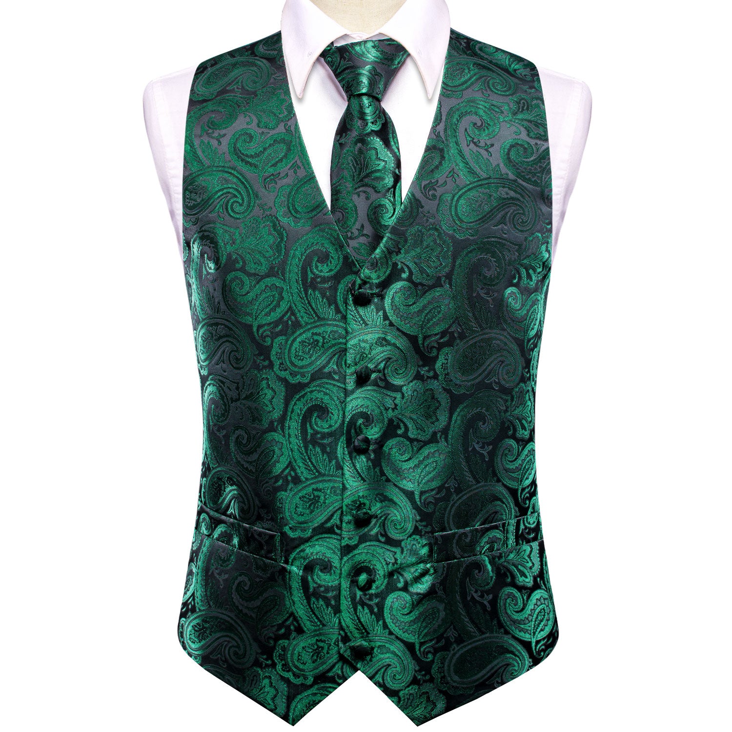 Luxury Emerald Green Paisley Silk Men's Vest Hanky Cufflinks Tie Set Waistcoat Suit Set