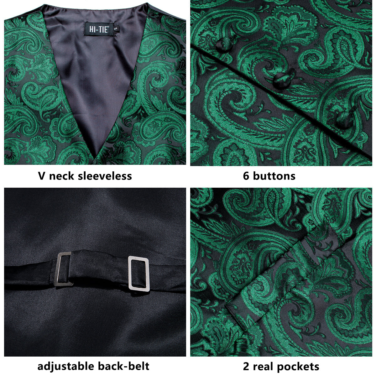 Luxury Emerald Green Paisley Silk Men's Vest Hanky Cufflinks Tie Set Waistcoat Suit Set