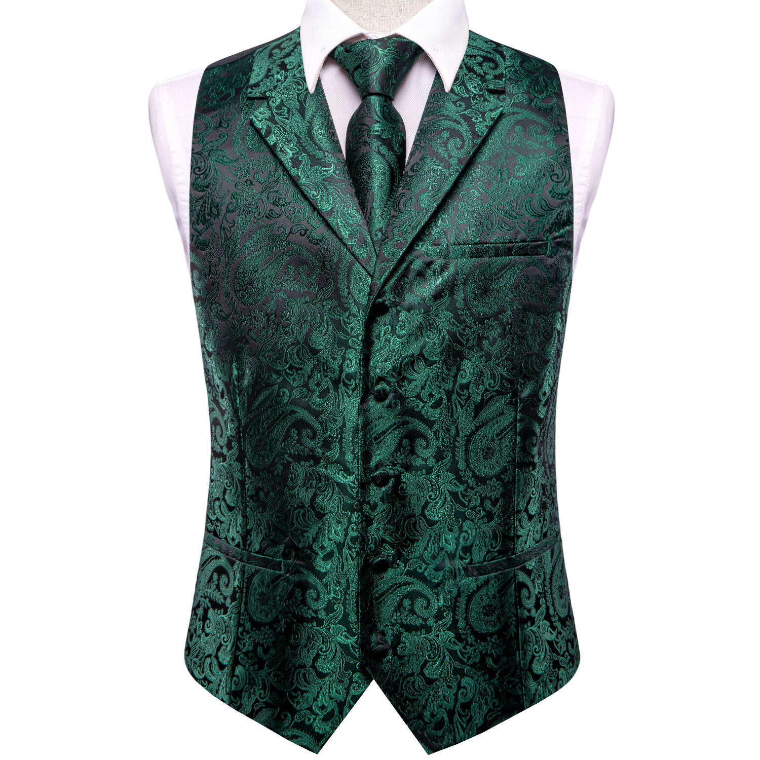 Emerald Green Paisley Silk Men's Collar Vest Hanky Cufflinks Tie Set Waistcoat Suit Set