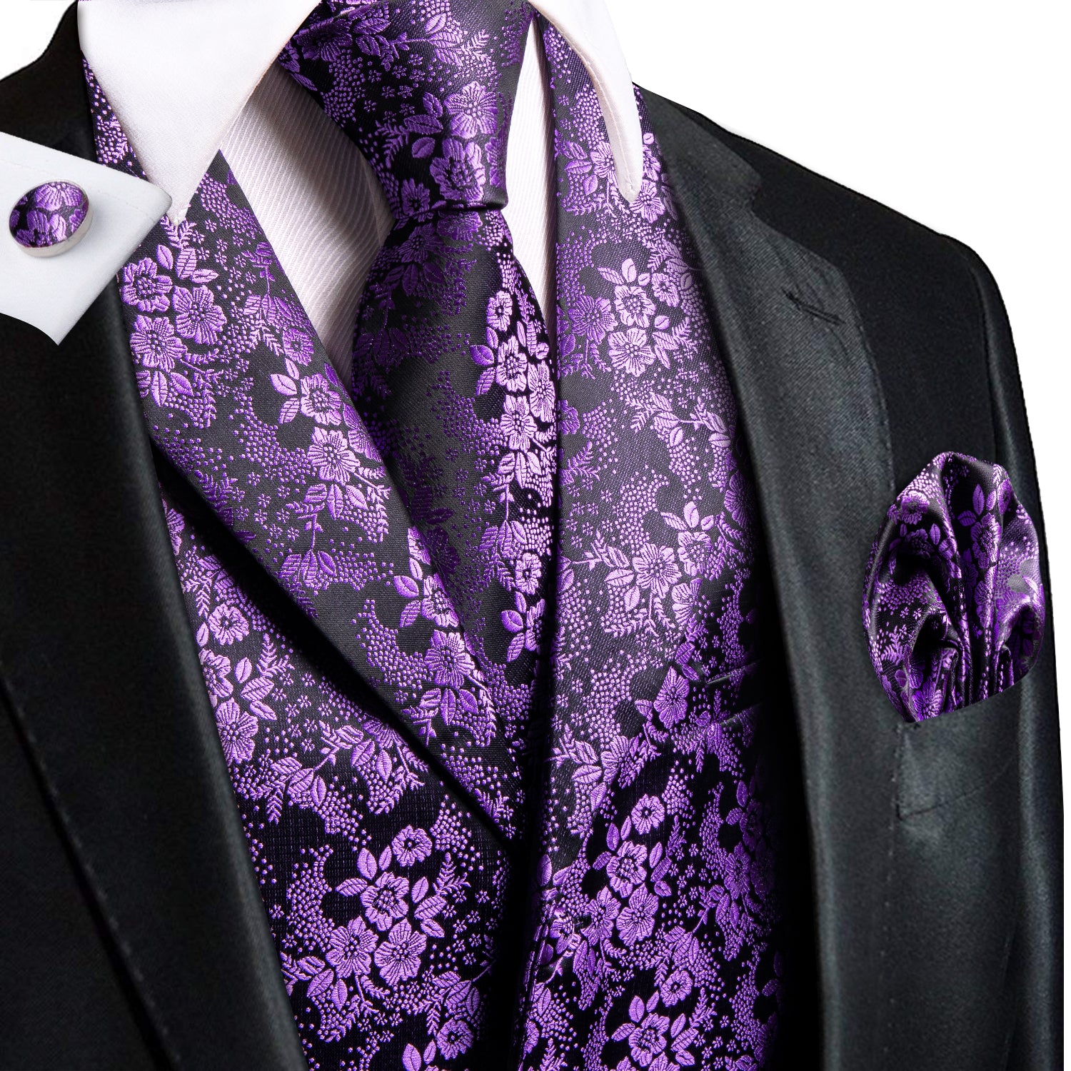 Deep Purple Floral Silk Men's Collar Vest Hanky Cufflinks Tie Set Waistcoat Suit Set