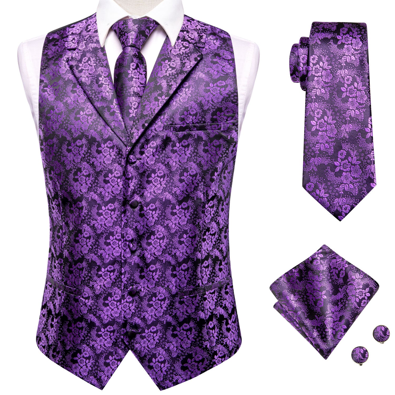 Deep Purple Floral Silk Men's Collar Vest Hanky Cufflinks Tie Set Waistcoat Suit Set