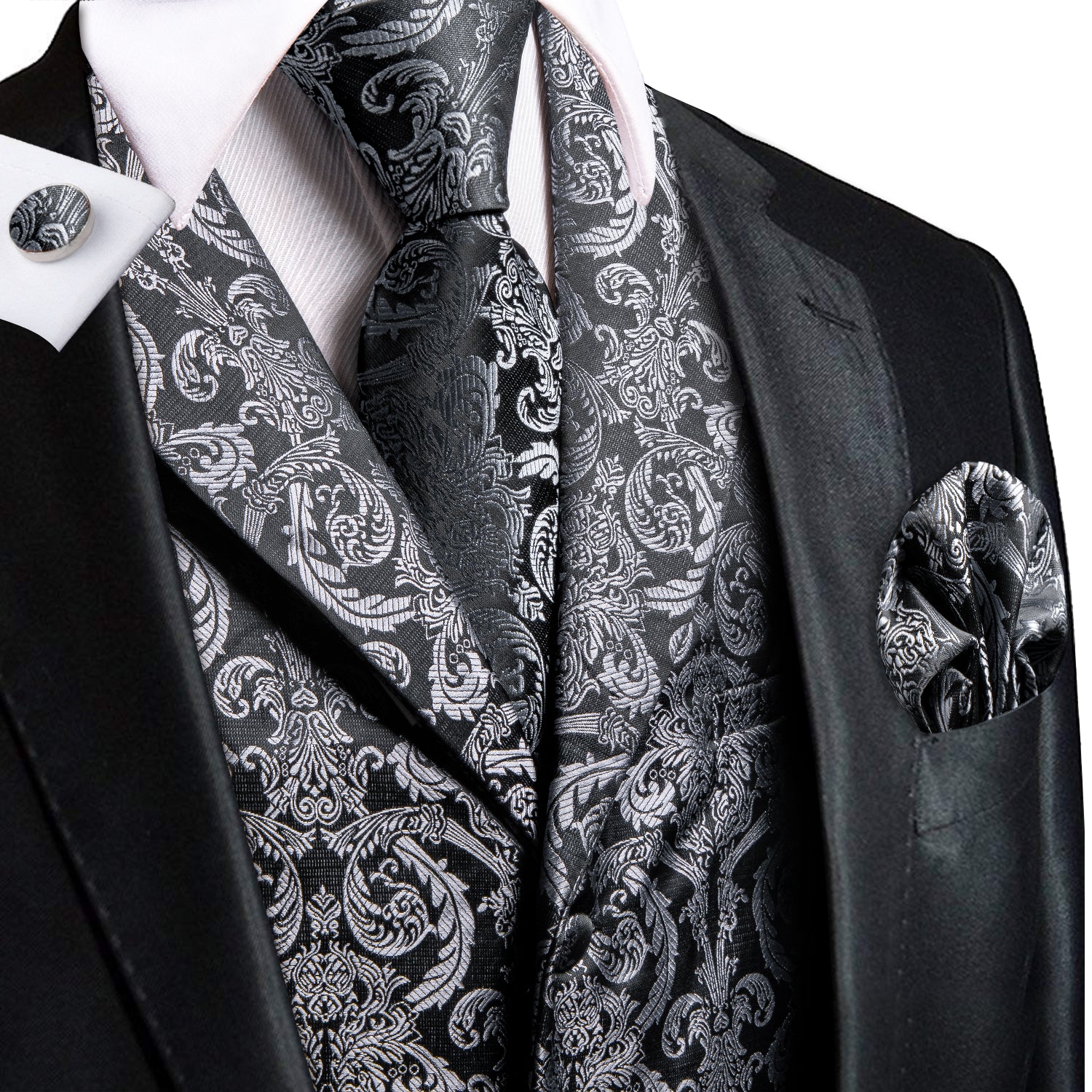 Black Grey Paisley Silk Men's Collar Vest Hanky Cufflinks Tie Set Waistcoat Suit Set