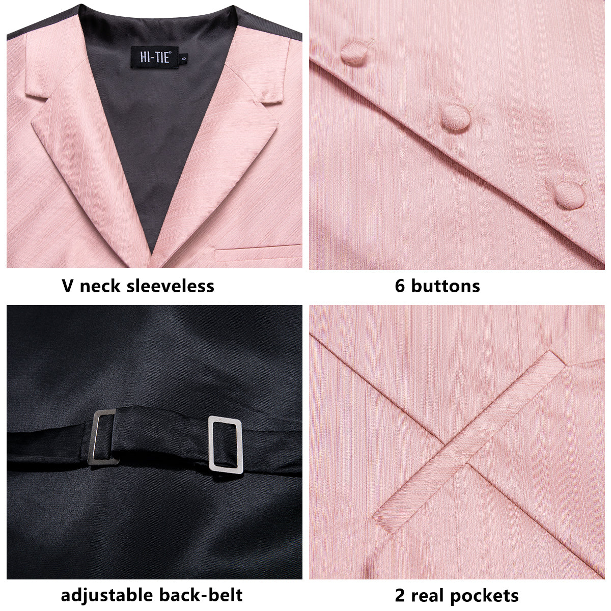 Baby Pink Solid Silk Men's Collar Vest Hanky Cufflinks Tie Set Waistcoat Suit Set
