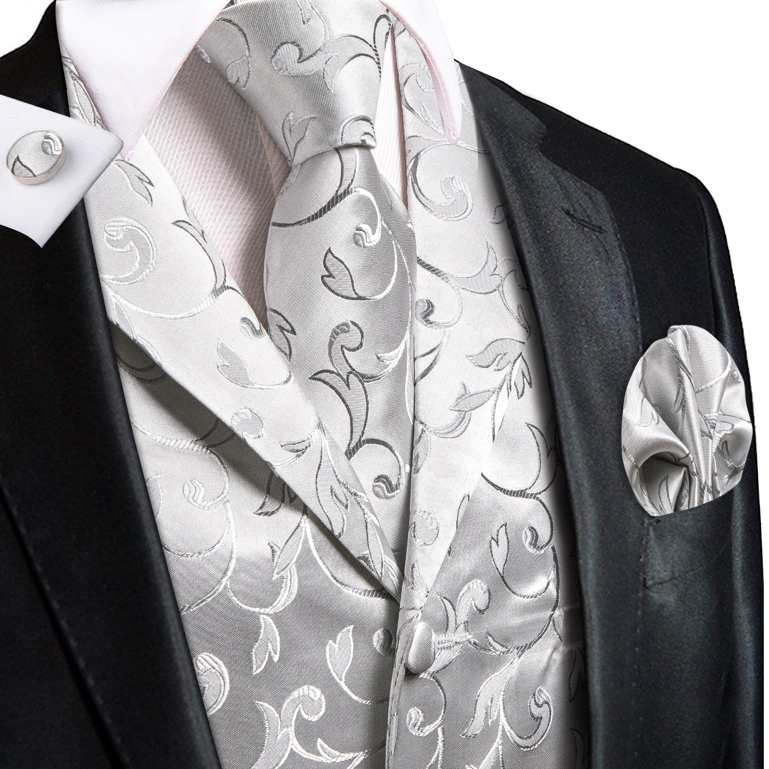 Silver Grey Leaves Silk Men's Collar Vest Hanky Cufflinks Tie Set Waistcoat Suit Set