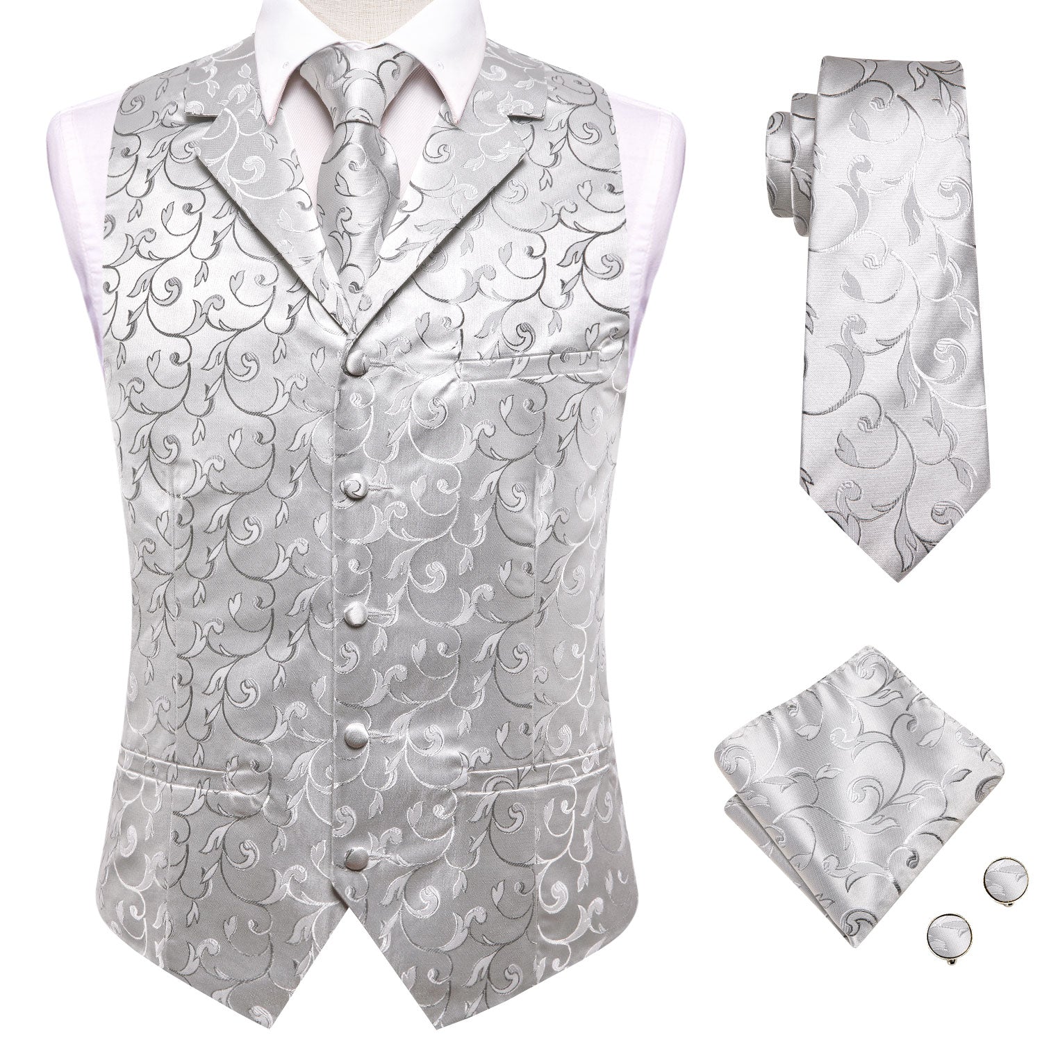 Silver Grey Leaves Silk Men's Collar Vest Hanky Cufflinks Tie Set Waistcoat Suit Set