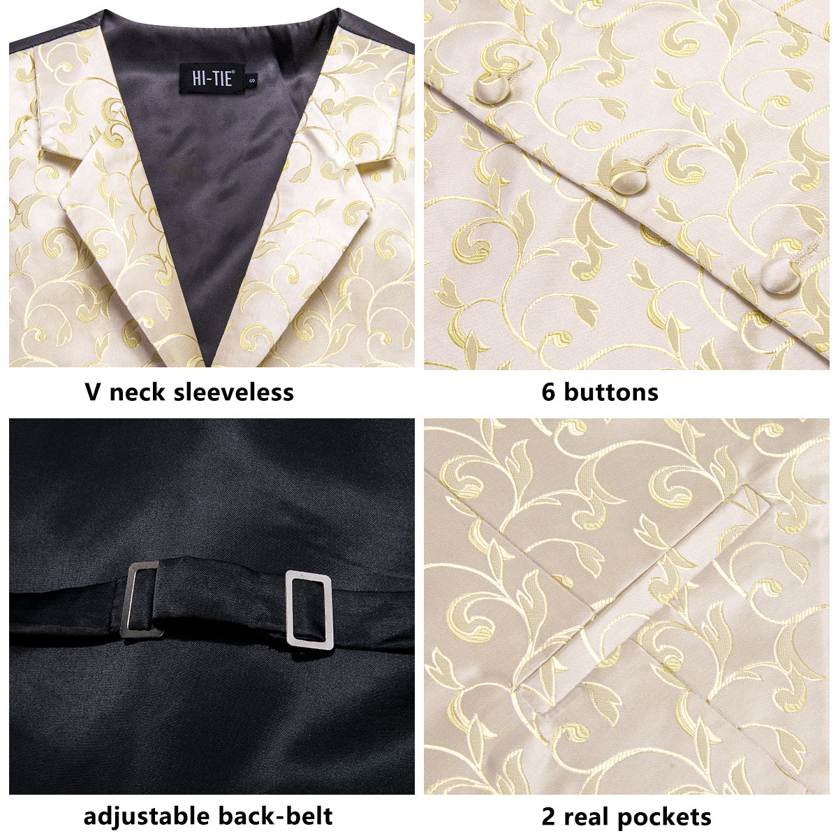 Champagne Golden Floral Silk Men's Collar Vest Hanky Cufflinks Tie Set Waistcoat Suit Set