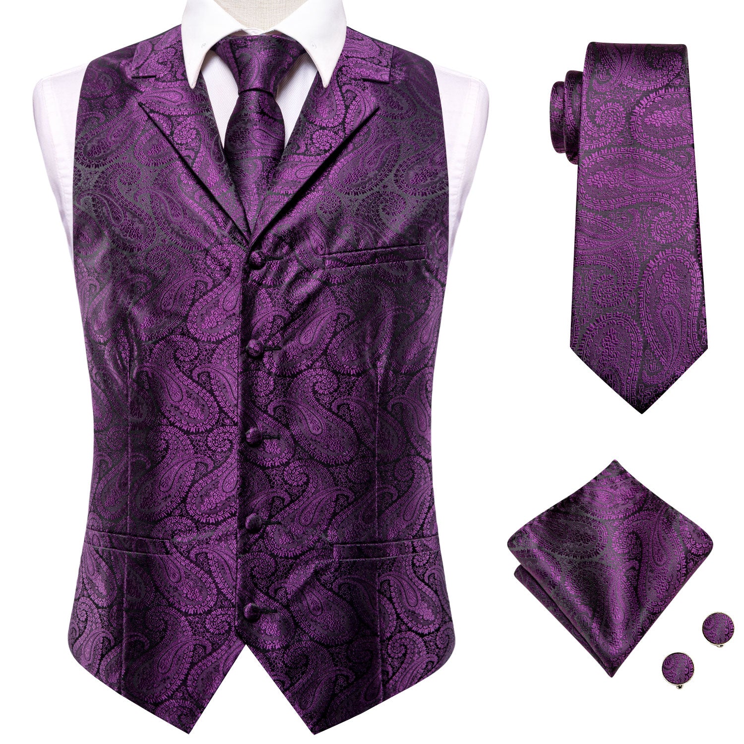 Black Purple Paisley Silk Men's Collar Vest Hanky Cufflinks Tie Set Waistcoat Suit Set