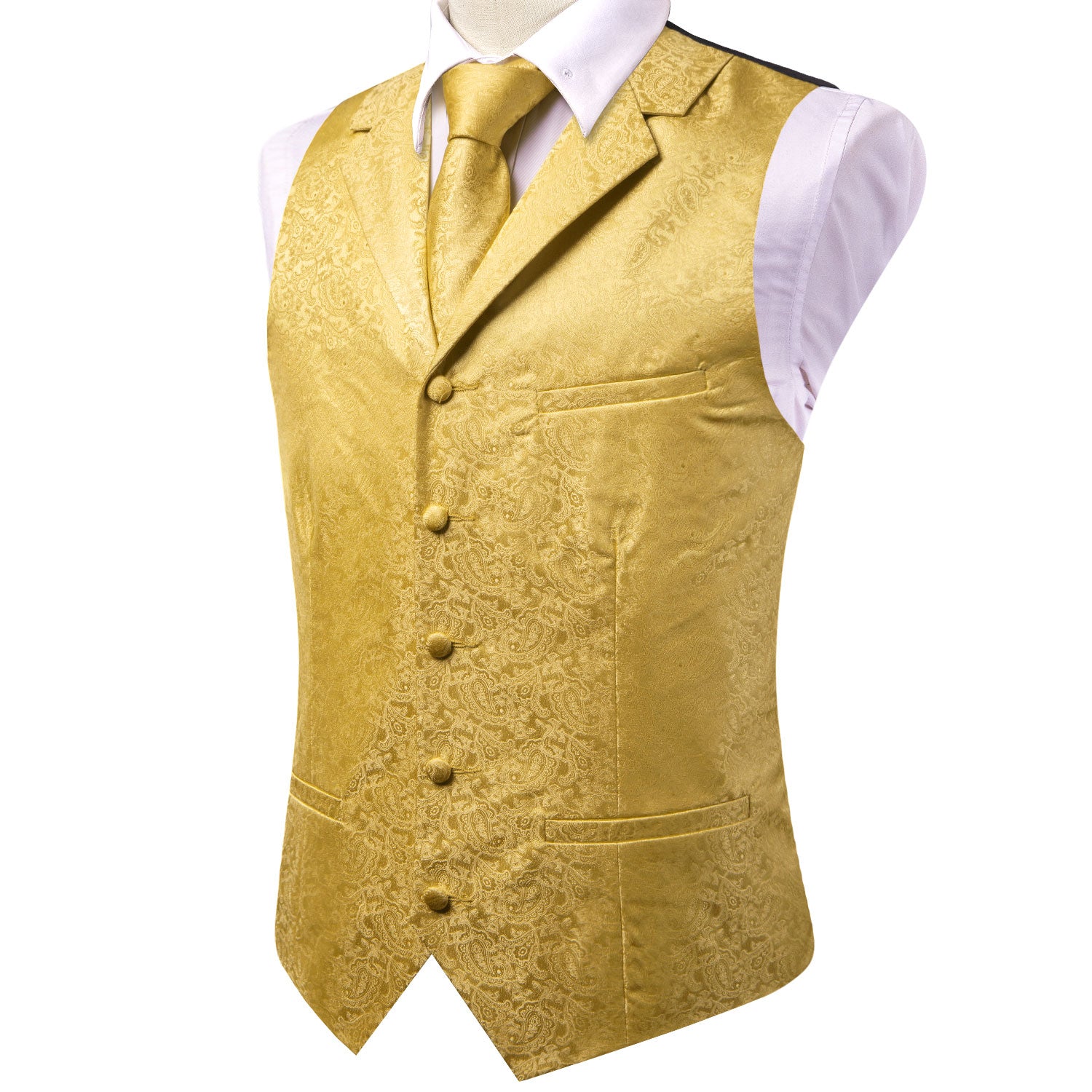 Luxury Yellow Floral Silk Men's Collar Vest Hanky Cufflinks Tie Set Waistcoat Suit Set