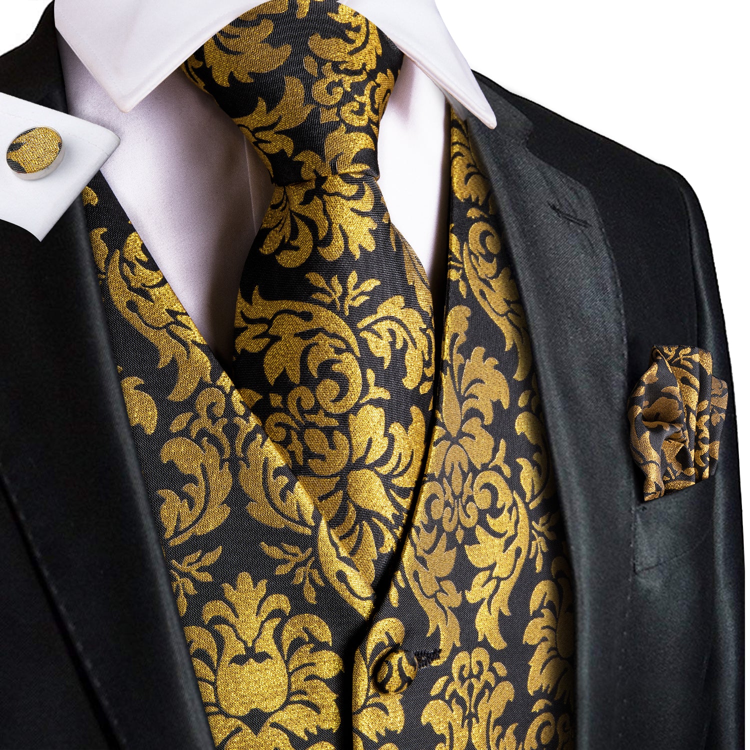 Luxury Black Golden Floral Jacquard Silk Men's Vest Hanky Cufflinks Tie Set Waistcoat Suit Set
