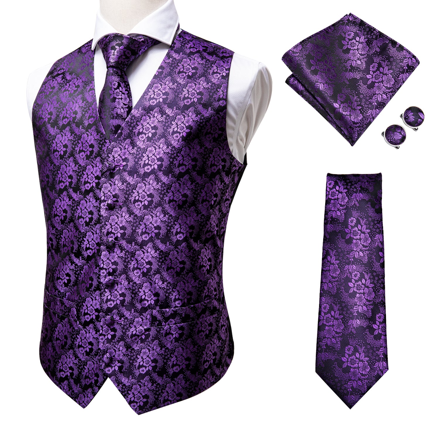Purple Black Floral Silk Men's Vest Hanky Cufflinks Tie Set Waistcoat Suit Set