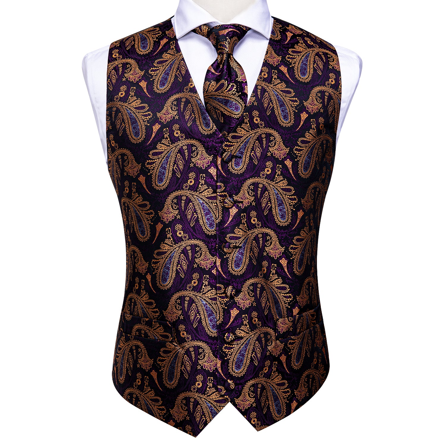 Yellow Purple Paisley Silk Men's Vest Hanky Cufflinks Tie Set Waistcoat Suit Set