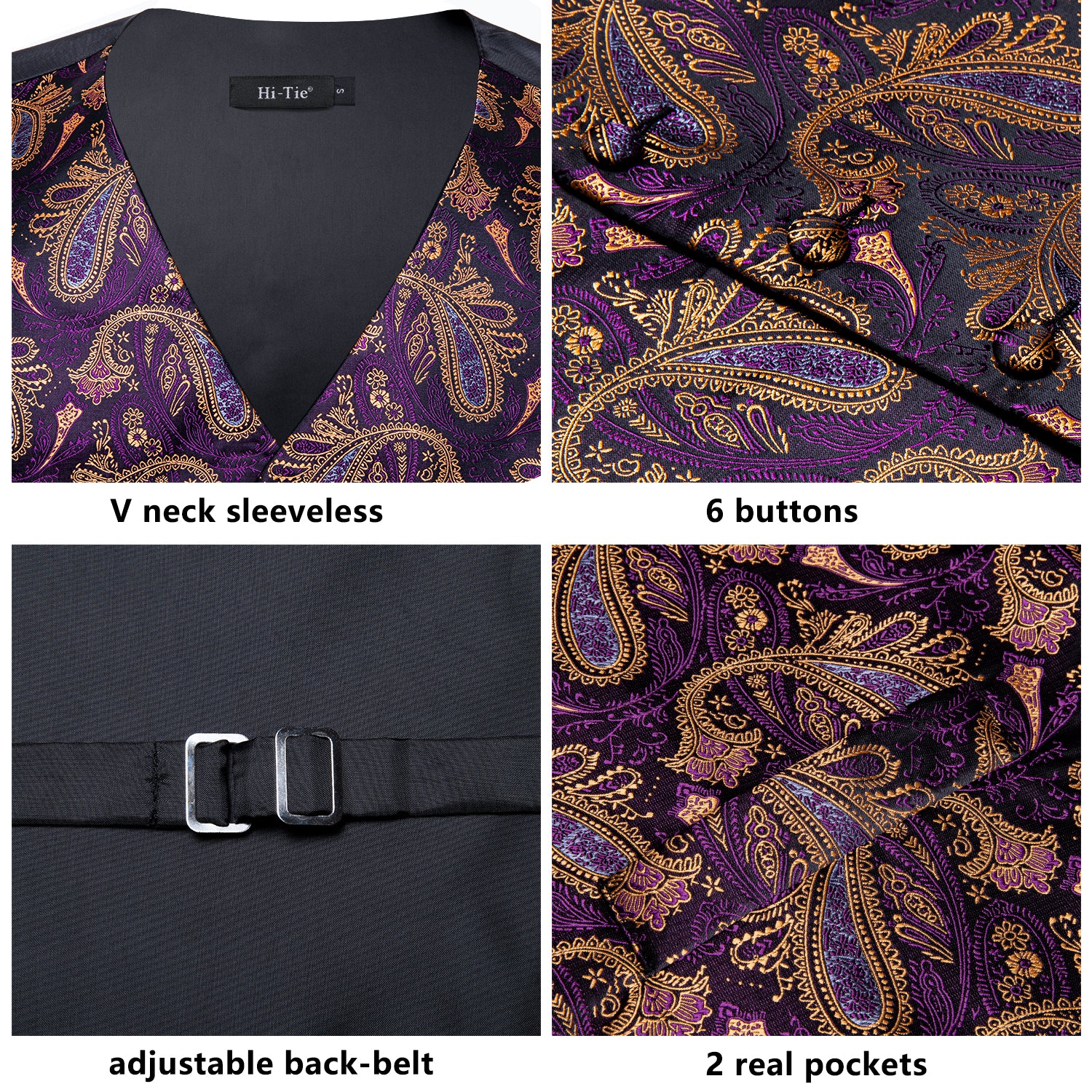 Yellow Purple Paisley Silk Men's Vest Hanky Cufflinks Tie Set Waistcoat Suit Set