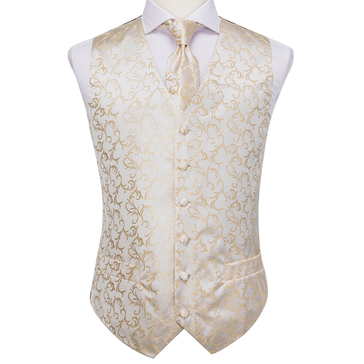 Champagne Golden Floral Silk Men's Vest Hanky Cufflinks Tie Set Waistcoat Suit Set