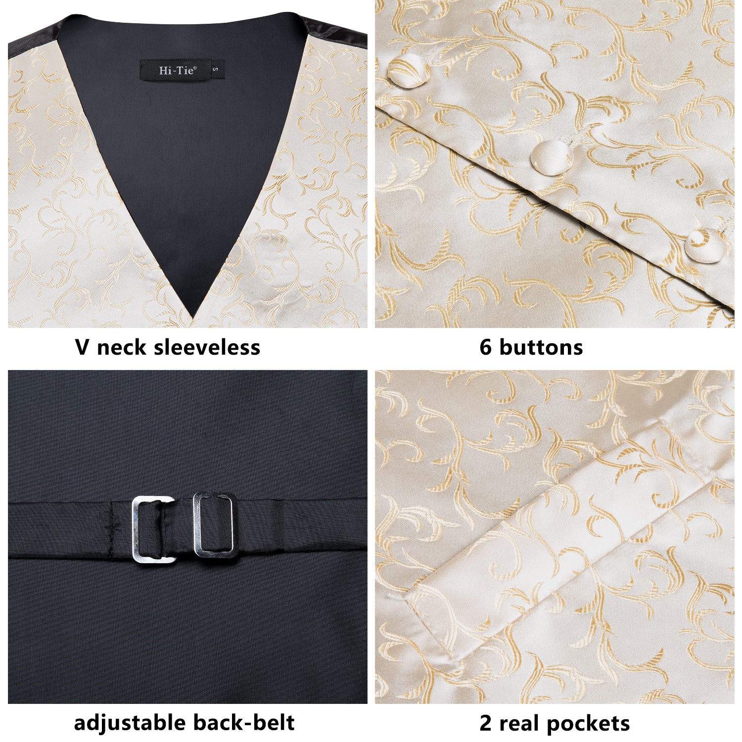 Champagne Golden Floral Silk Men's Vest Hanky Cufflinks Tie Set Waistcoat Suit Set