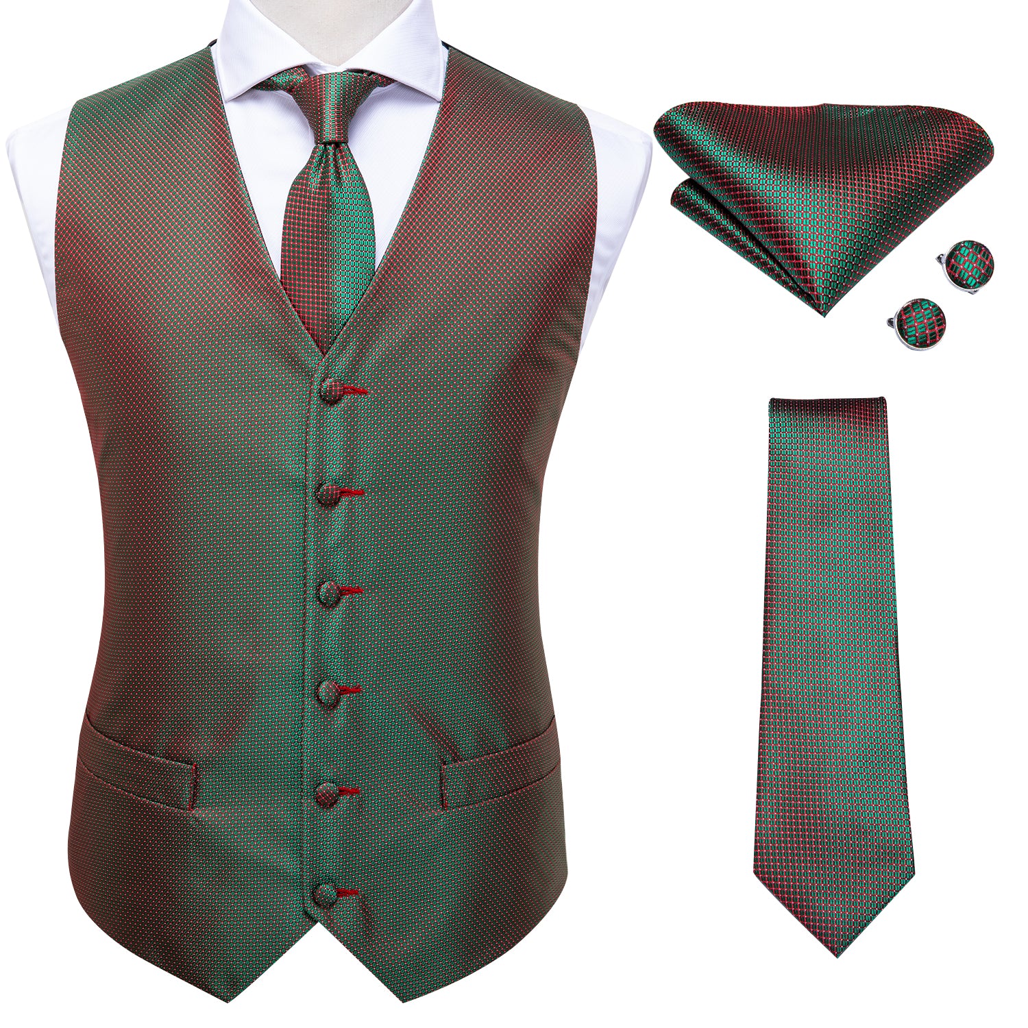 Green Plaid  Silk Men's Vest Hanky Cufflinks Tie Set Waistcoat Suit Set