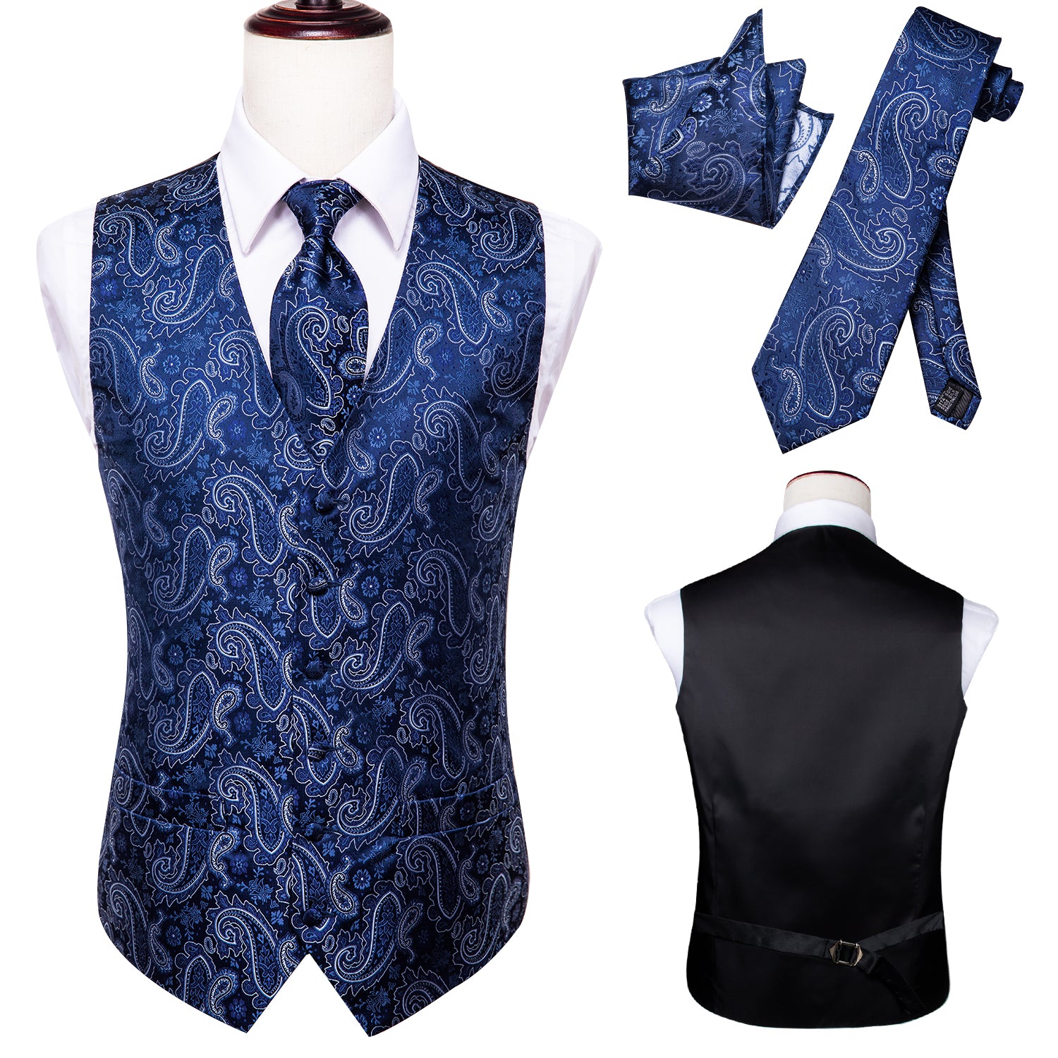 Blue Paisley Silk Men's Vest Hanky Cufflinks Tie Set Waistcoat Suit Set