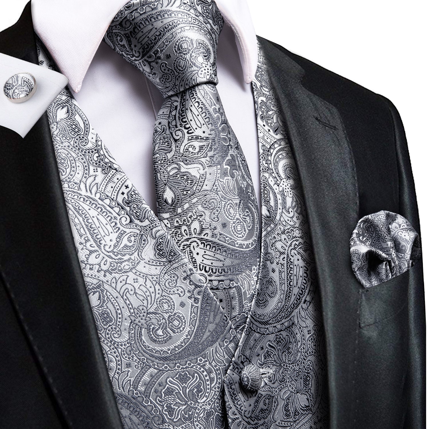 Silver Grey Paisley Silk Men's Vest Hanky Cufflinks Tie Set Waistcoat Suit Set