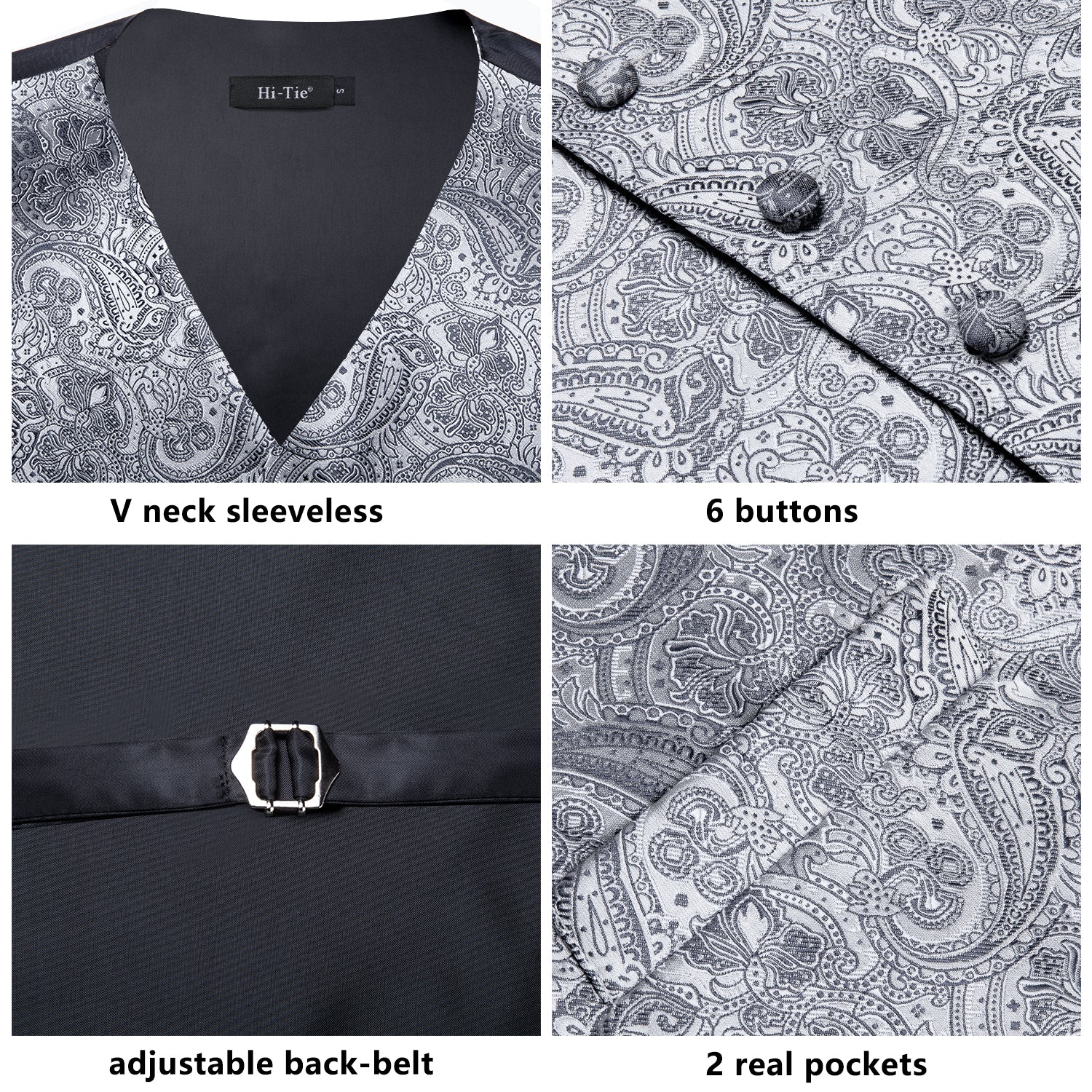 Men's Paisley Tuxedo Vest Set With Tie & Hankie – Silver, Sizes XS To 6XL