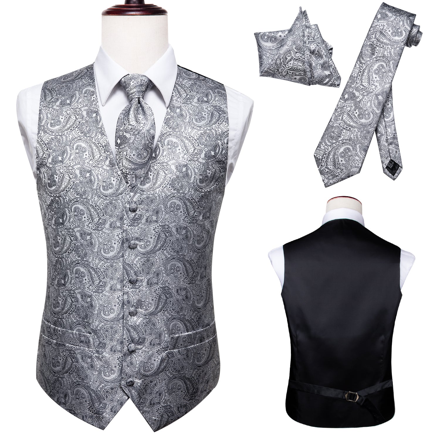 Silver Grey Paisley Silk Men's Vest Hanky Cufflinks Tie Set Waistcoat Suit Set