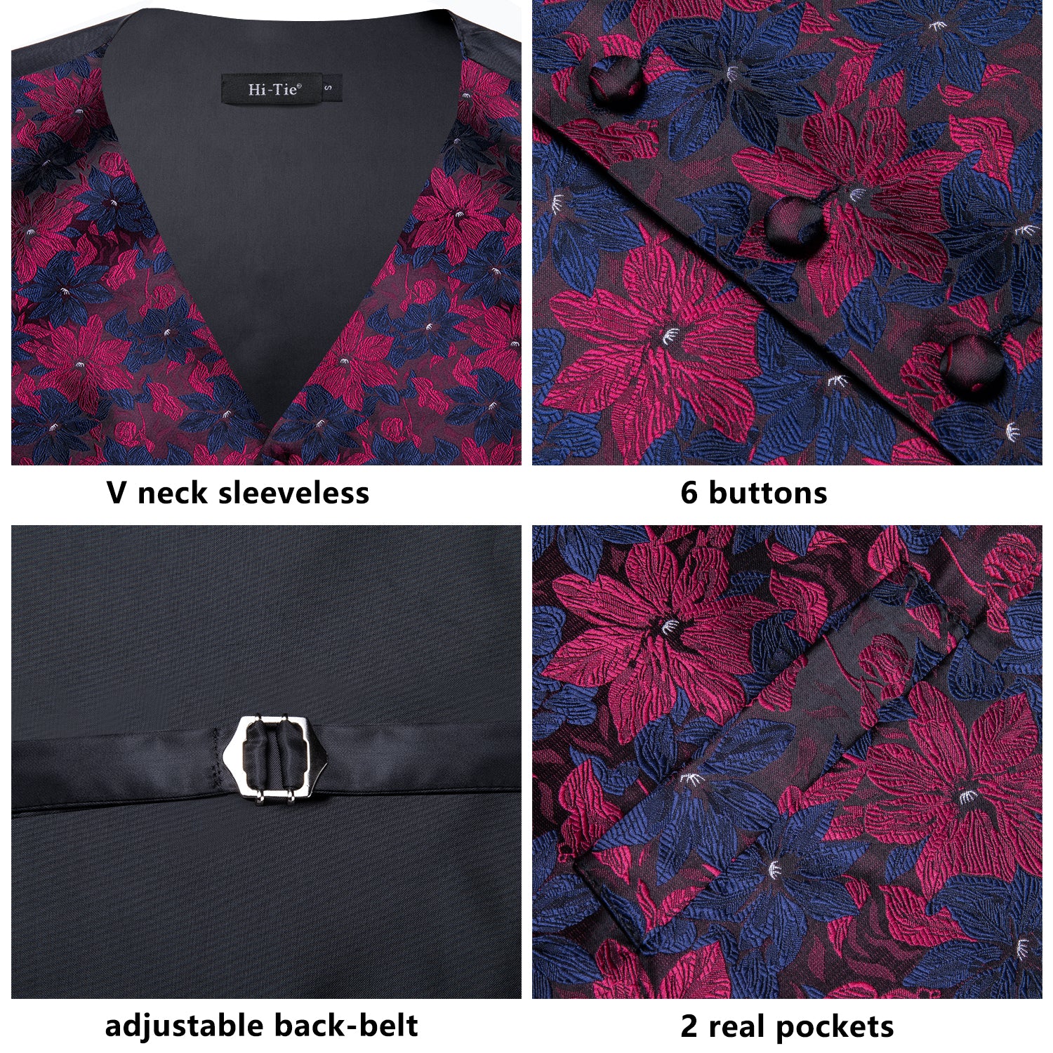 Black Blue Red Floral Silk Men's Vest Hanky Cufflinks Tie Set Waistcoat Suit Set