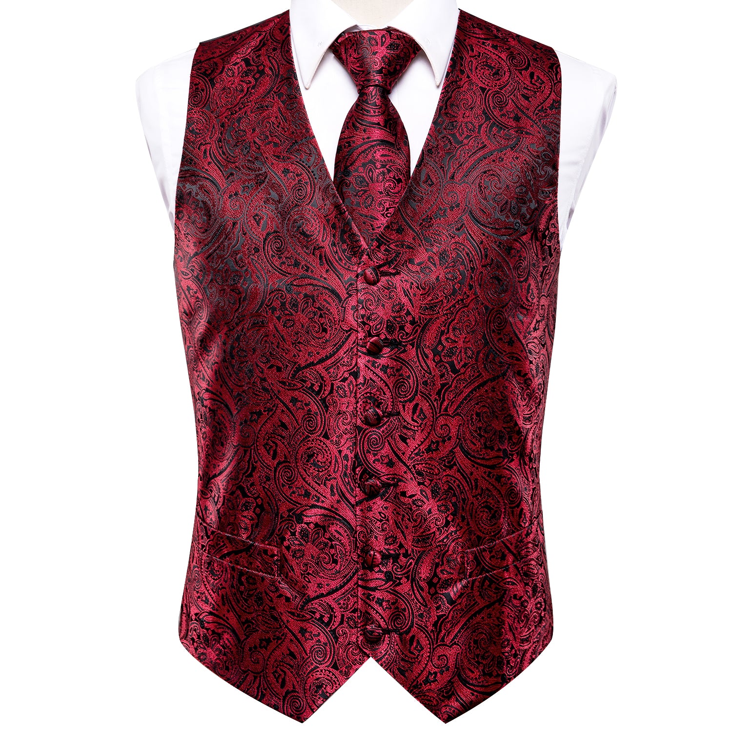 Red Black Paisley Silk Men's Vest Hanky Cufflinks Tie Set Waistcoat Suit Set