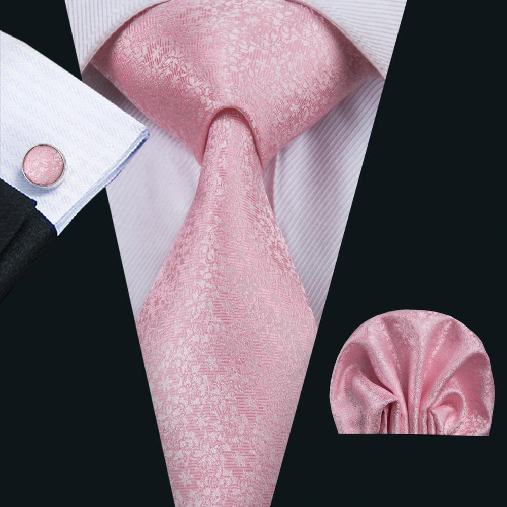 Silver Pink Floral Men's Tie Pocket Square Cufflinks Set  with Brooch