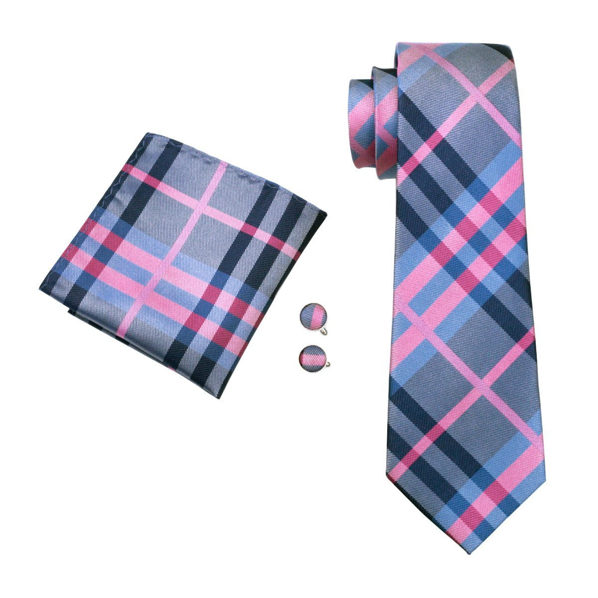 Pink Blue Grey Plaid 70 Inches Extra Long Tie Pocket Square Cufflinks Set with Brooch