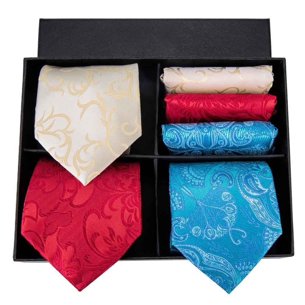 Blue Red Champagne Floral Tie Pocket Square Cufflinks Gift Box Set
