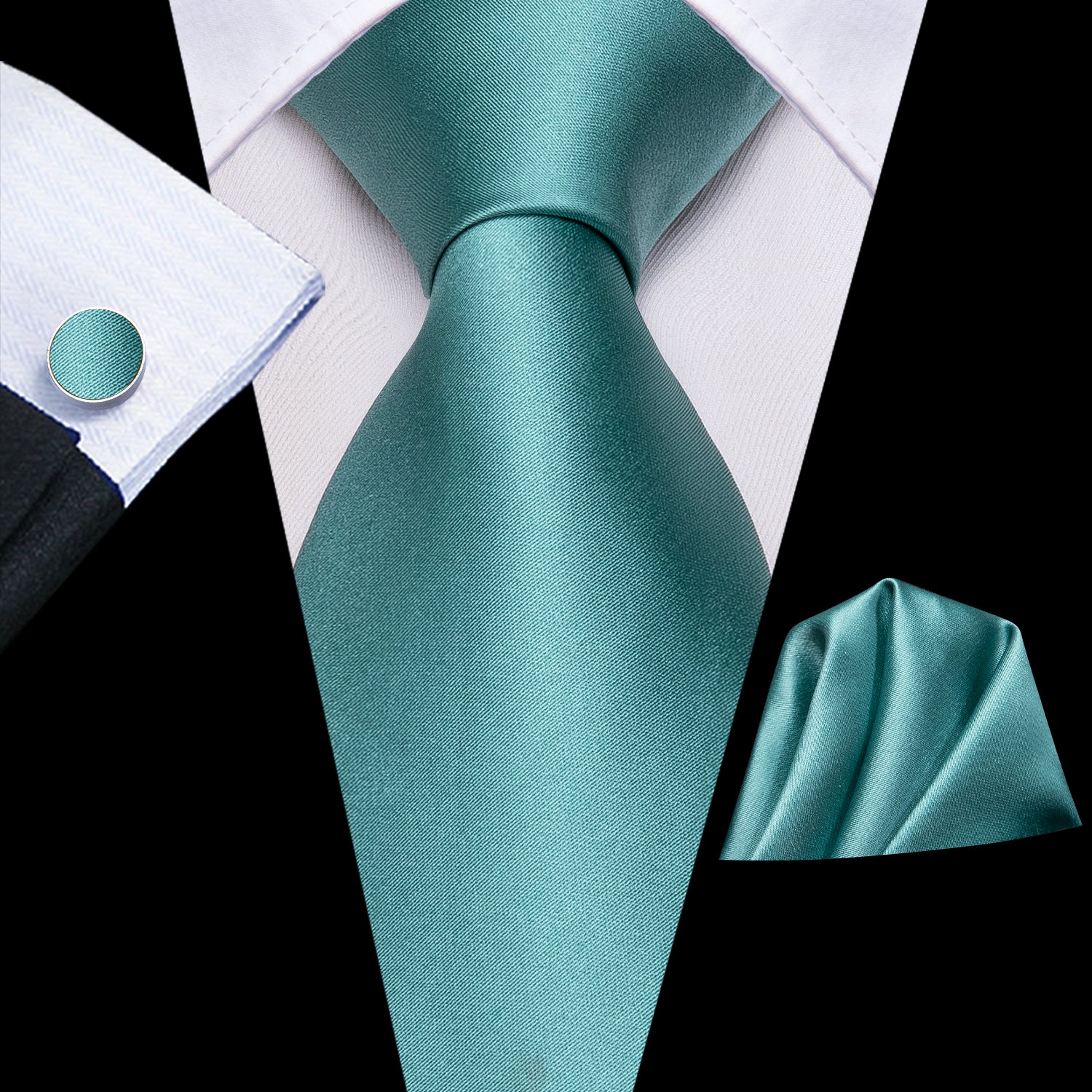 Teal Green Solid Tie Pocket Square Cufflinks Set