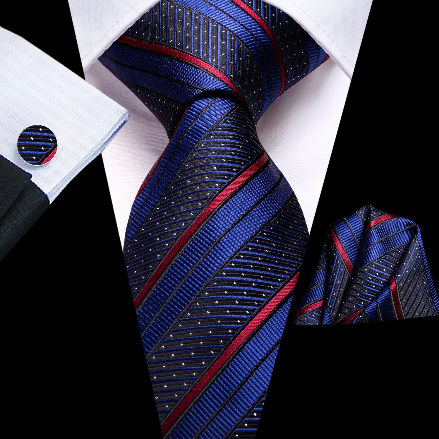 Blue Red Strip with White Dot 70 Inches Extra Long Necktie Pocket Square Cufflinks Set