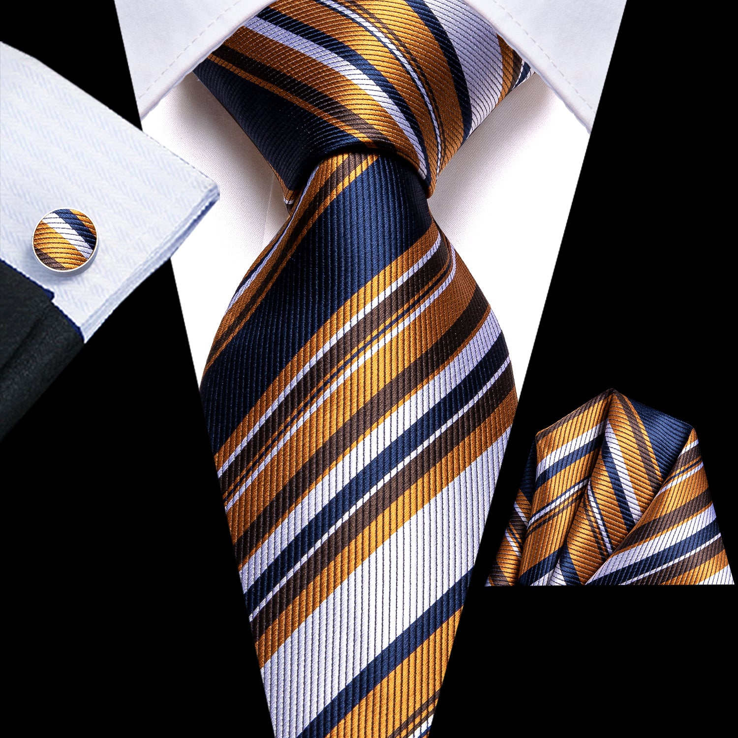 Blue Golden White Strip Necktie Pocket Square Cufflinks Set