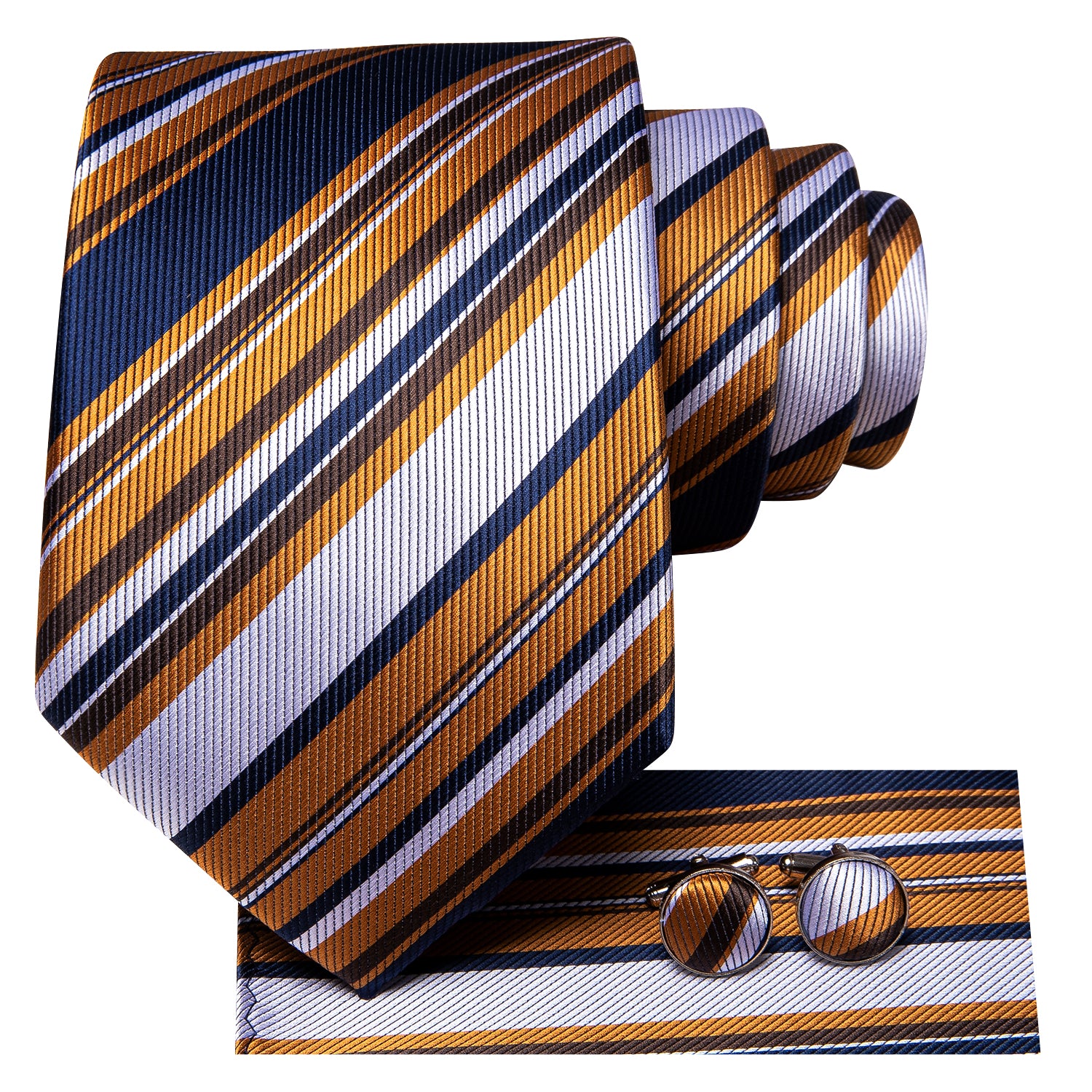 Blue Golden White Strip Necktie Pocket Square Cufflinks Set