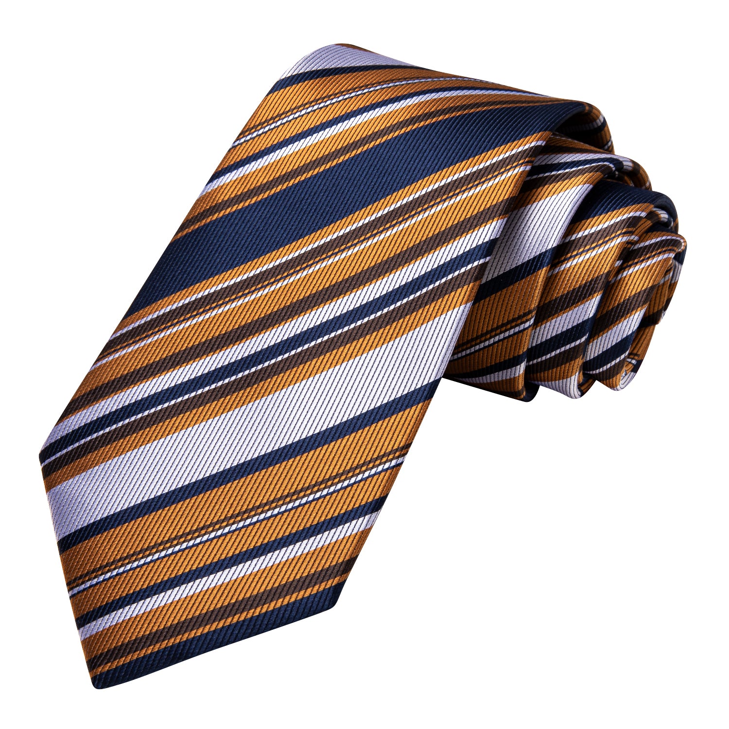 Blue Golden White Striped Necktie Pocket Square Cufflinks Set
