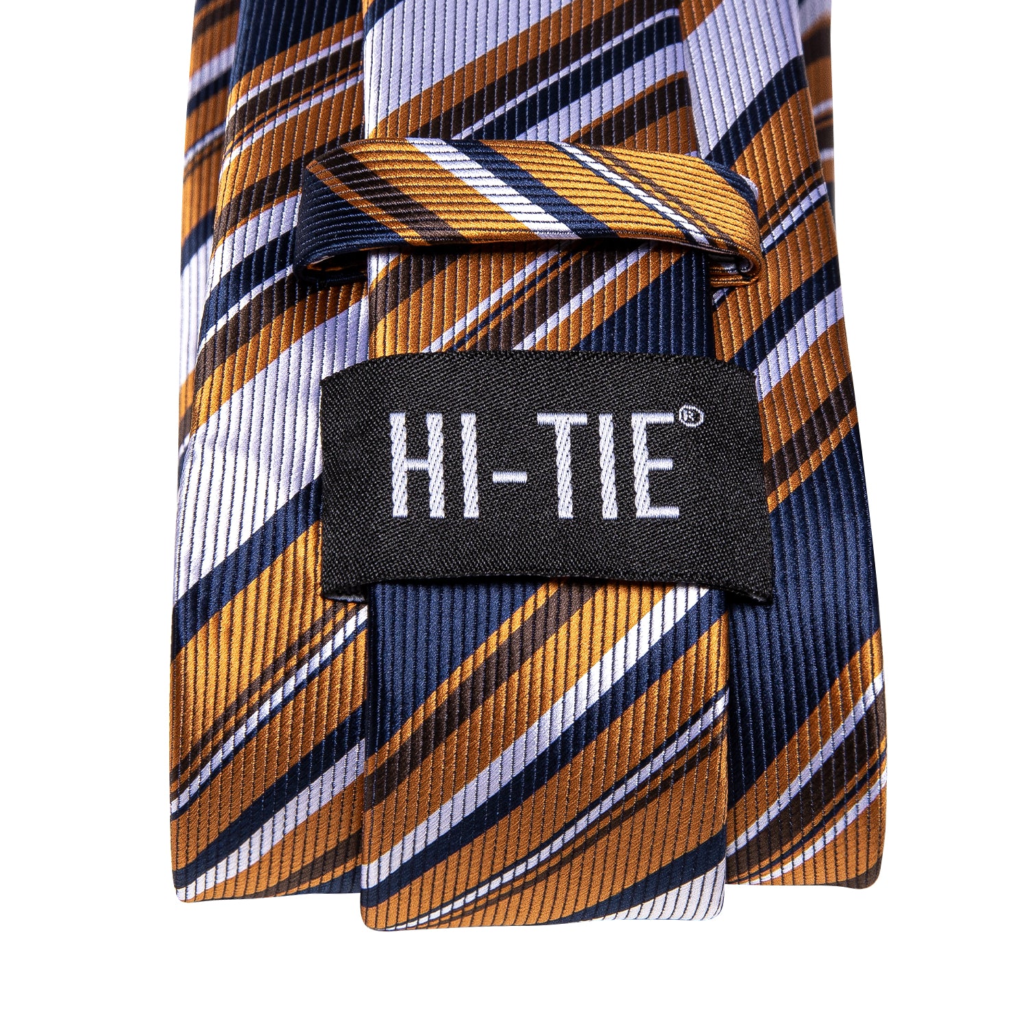 Blue Golden White Striped Necktie Pocket Square Cufflinks Set