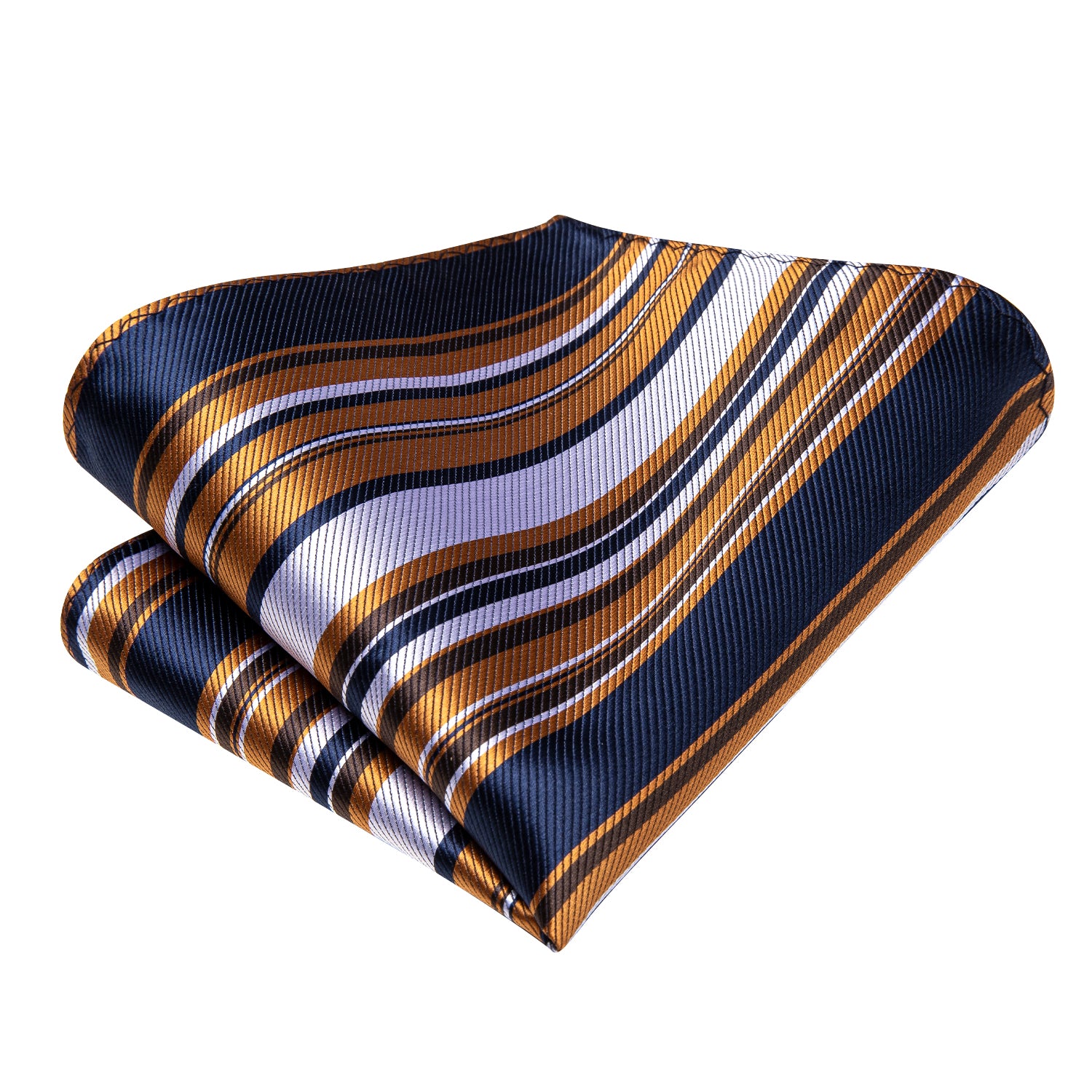 Blue Golden White Striped Necktie Pocket Square Cufflinks Set