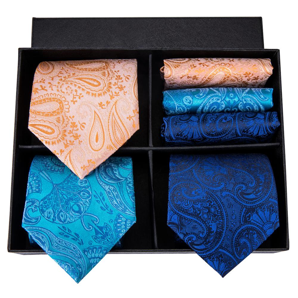 Blue Orange Paisley Tie Pocket Square Cufflinks Gift Box Set