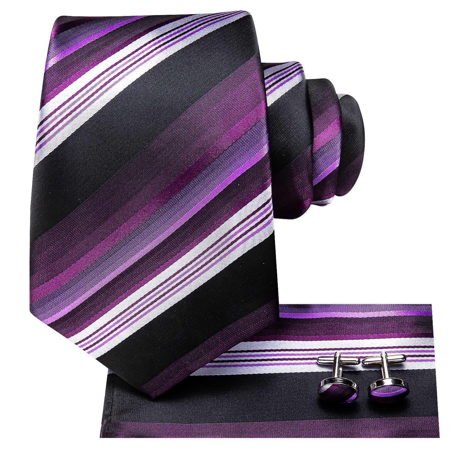 Purple White Black Striped Silk Tie Pocket Square Cufflinks Set
