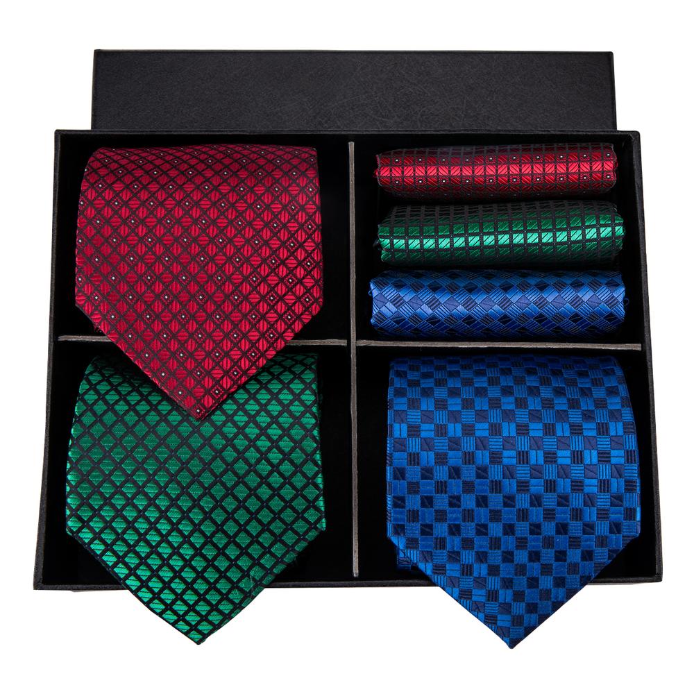 Red Green Blue Plaid Tie Pocket Square Cufflinks Gift Box Set