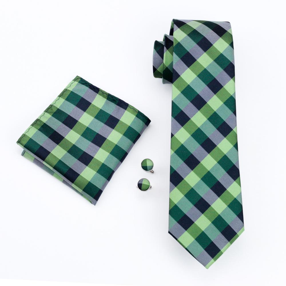Green Plaid Silk Men's Tie Pocket Square Cufflinks Set with Brooch
