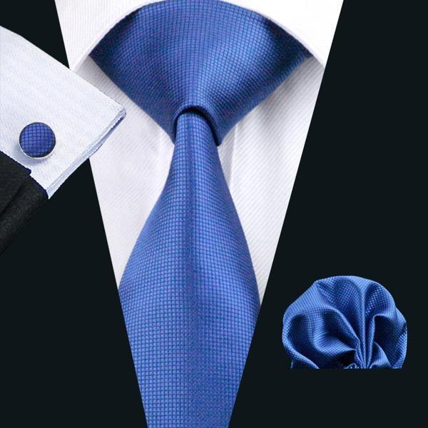 Navy Blue Plaid Tie Handkerchief Cufflinks Set