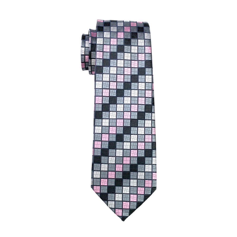 Elegant Pink Grey Plaid Silk Tie accompanied by a coordinating Pocket Square and Cufflinks.
