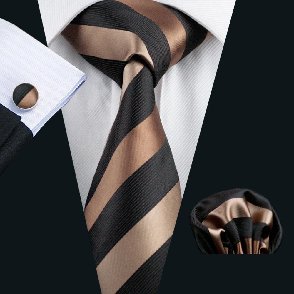 Brown Black Striped Silk Tie Pocket Square Cufflinks Set with Brooch