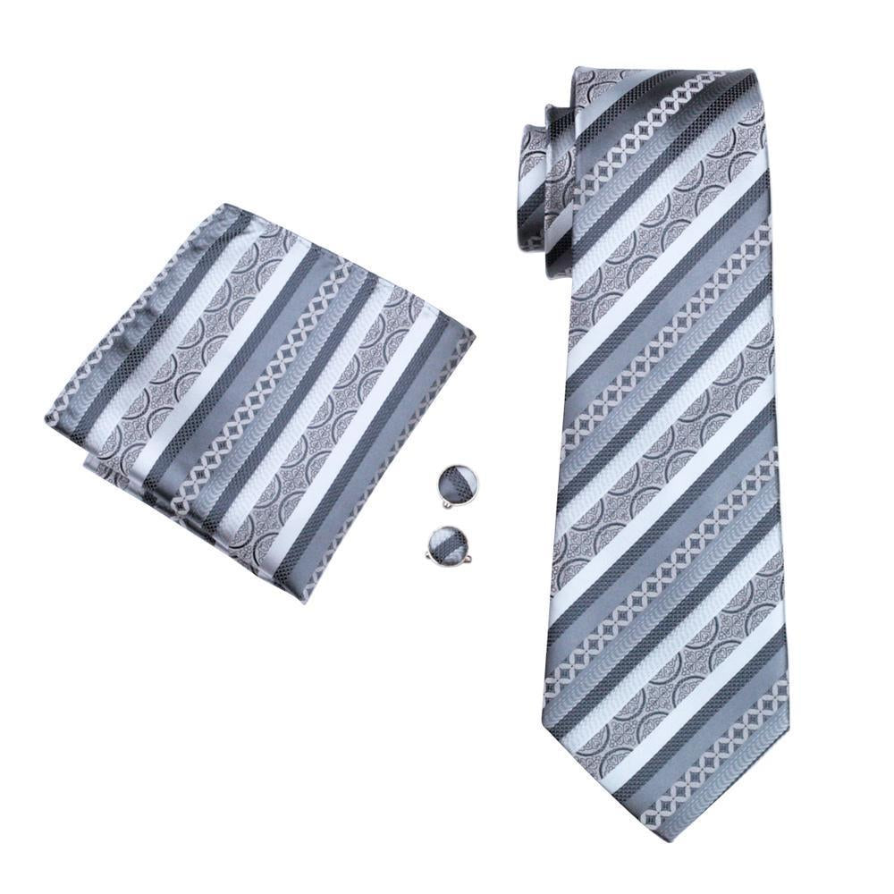 Silver Grey Novelty Striped Silk Tie Hanky Cufflinks Set with Collar Pin