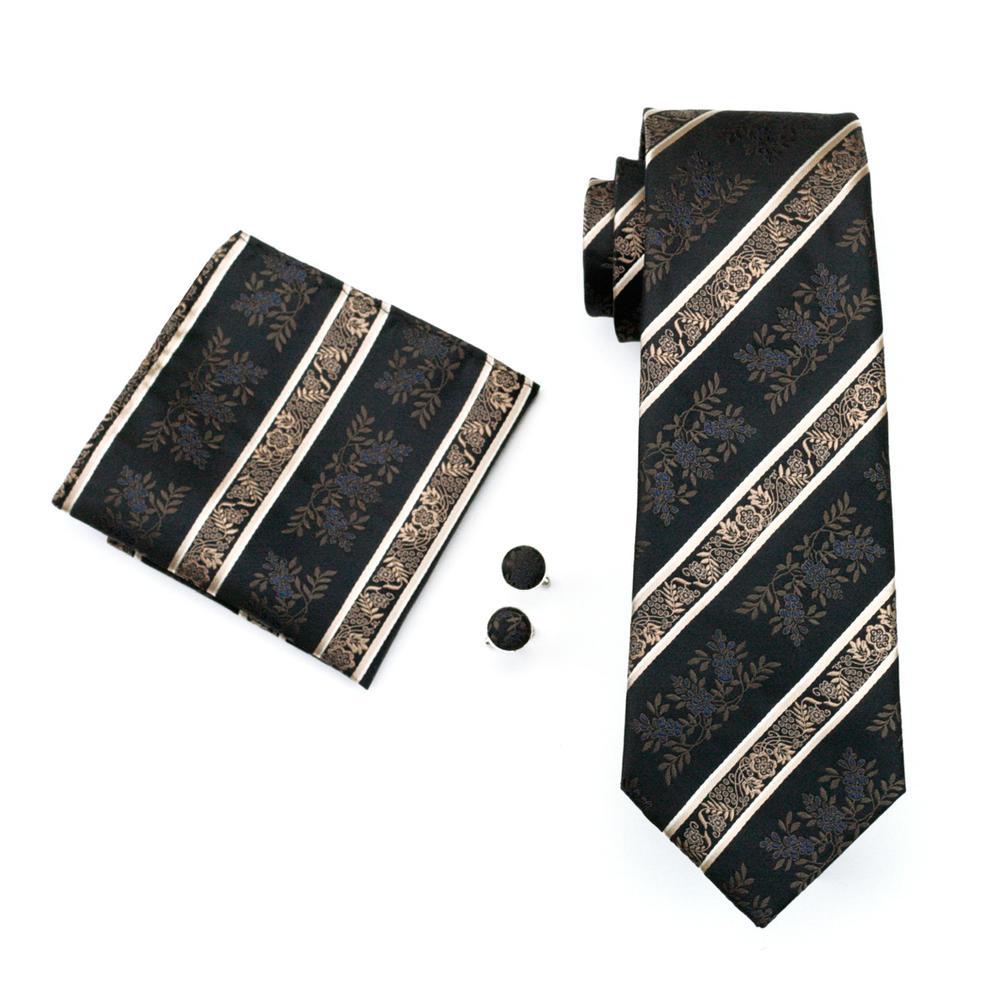 Champagne Beige Black Floral Tie Pocket Square Cufflinks Set with Collar Pin