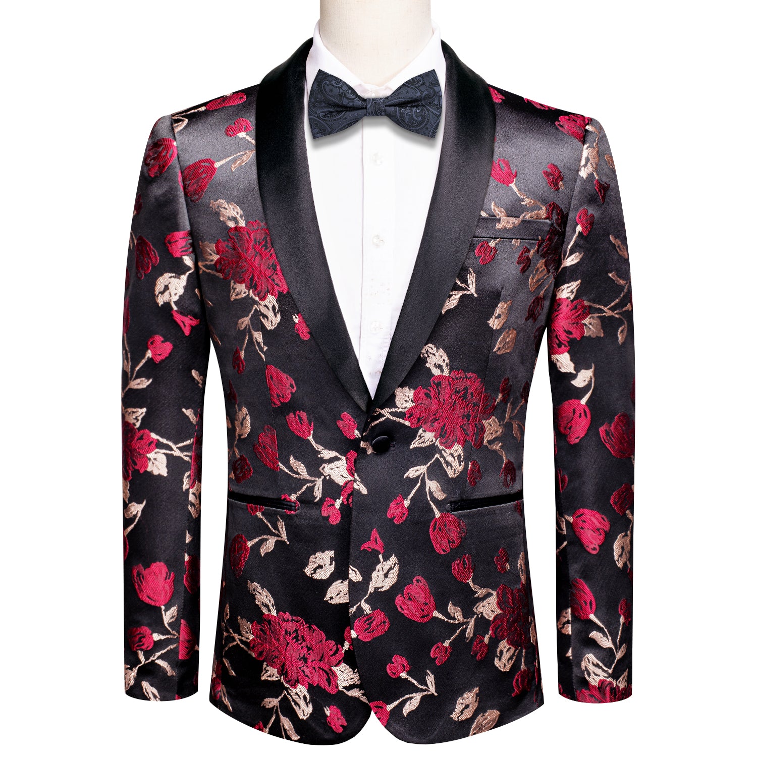 New Luxury Black Red Champagne Floral Men's Suit Set